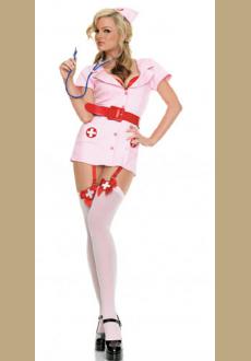 SEXY PINK NURSE OUTFIT WITH RED SUSPENDERS FANCY DRESS