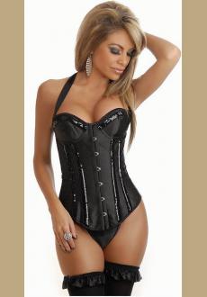 Black Halter Corset With Vertical Sequin Strips and Maching Thong