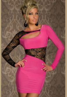 PINK LONG SLEEVE LACE DETAIL PARTY DRESS