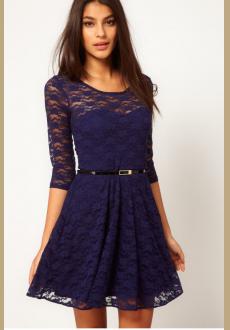 Dark Purple Collarless Half Sleeve Lace Dress