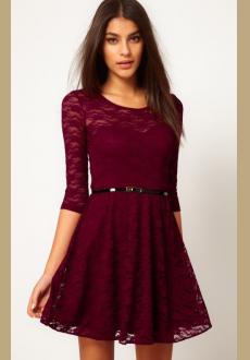 Purplish Red  Collarless Half Sleeve Lace Dress