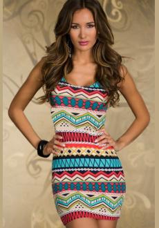 Pale Red and Blue Aztec Abstract Print Bodycon Dress 