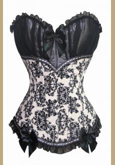 Black and white printed overbust boned corset 
