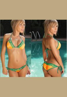 Orange Scrunch Bottom String Bikini with Green Lace Detail