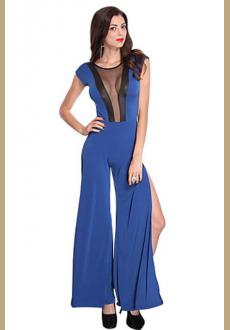 Mesh Cut Out Side Slits Jumper Outfit Blue