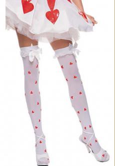 Opaque Heart Print Stockings with Ruffle and Satin Bow Top