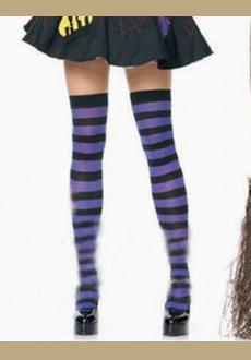  Black and Purple Striped Nylon Thigh High Stockings