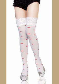 Kiss Print White Thigh High Nylon Stockings With Red Satin Bow