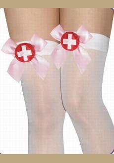 Nylon Naughty Nurse Transparent Thigh Highs with Satin Bow and Embroidered Badge