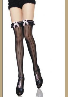 Vertical Stripe Sheer Stocking with Pink Bows