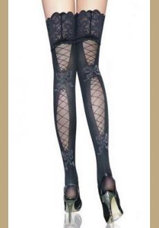 Dark Gray Thigh-High Stockings with Partial Fishnet Pattern and Lace Tops