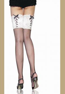 Black Fishing-net Stockings With White Embroideries Lace