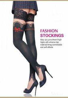 Black Sheer Thigh High Stockings With Printed Bow