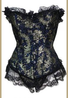 Vintage Classical Blue and Gold Tapestry in Floral trimmed and black flare ruffles design corset