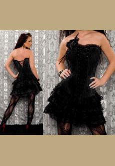 Black Criss-Cross Front Corset With Black Lace Skirt and Lace Trimming