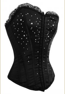 Black Boned Overbust Corset with Diamond Details and Zip Front