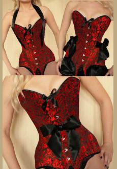 Red brocade corset with bow