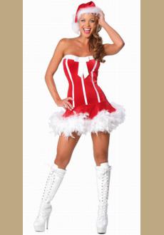 Red Fluffy Hem Strapless Sheath Christmas Costume