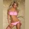 Pink ruffled bikini top with detachable straps and matching bottom swimwear 