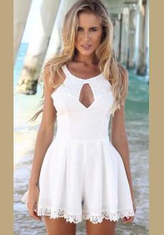 PLEATED PLAYSUIT WITH LACE INSERT AND CUTOUT DETAIL