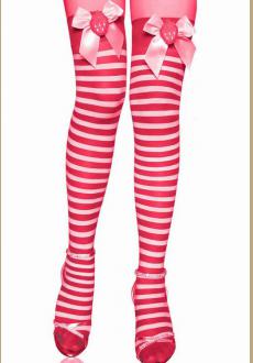 Greatly Pleasing Combination of White and Green Stripes Silken Texture Stocking with Charming Strawberry Pink Ribbon Acc