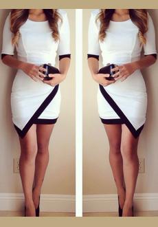Chic O-Neck Half Sleeve Nipped Waist Contrast Color Women Bodycon Dress