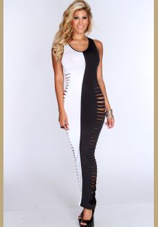 Hot White Black Razor Cutout Sides Sexy Maxi Dress 