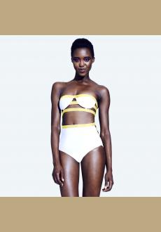 White Yellow Strapless Cut-out Top High-waisted Teddy Bikini