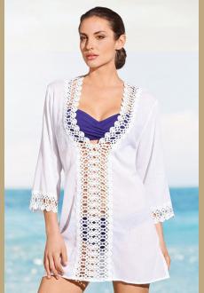 White Long Sleeves Deep V-neck Crochet Trim Casual Cover-up