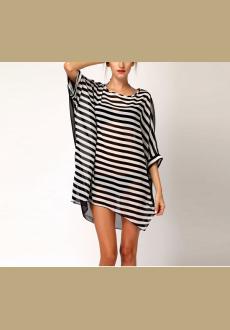 Cheap Women Black Oversized White Stripes Cover-Ups Beach Dress