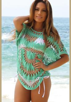 Green Short Bat Sleeves Crochet Cover-up Beachwear