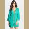 Turquoise Long Sleeves Deep V-neck Crochet Trim Casual Cover-up