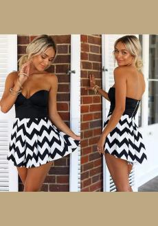 Sexy black and white strapless zigzag accent cocktail dress