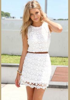 White Floral Hollow-out Lace Dress