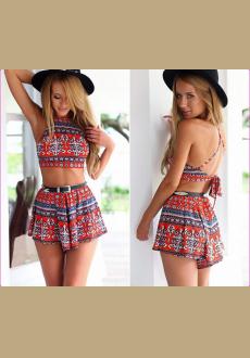 Red White Blue Floral Geometric Sleeveless Scoop Neck X Back Crop Halter Tank Shorts Two Piece Romper