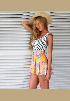 Sexy V-neck Jumpsuits Striped Stitching Printed Chiffon Siamese Shorts with Open Back