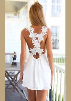 White Lace Criss Cross Back Mini Dress