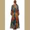Women's V Neck Tropical Flower Printed Chiffon Long Sleeve Beach Dress