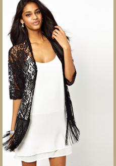 Hollow Out See-Through Tassel Hem Batwing Sleeve Lace Jacket