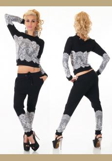 Stylish Round Neck Long Sleeve Lace Spliced TShirt MidWaisted Pants Women's Twinset