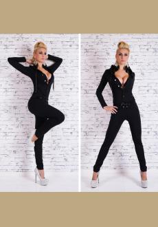 Sexy Hooded Solid Color Buttoned Long Sleeve Bodycon Jumpsuit For Women