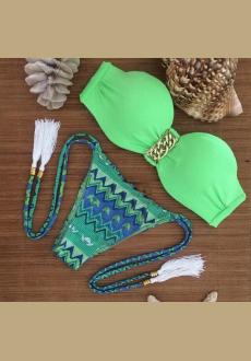 Green Bandeau Top and Tassel Tie Bottom Bikini