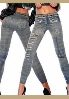 Legging, superelastically with trendy print in jeans-optic and low hip