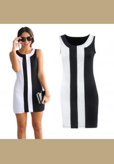 Black and White Stitching Sleeveless Summer A-line Mini Dress Plus Size 