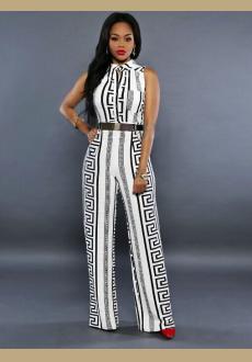 BLACK AND WHITE AZTEC TRIBAL PRINT SLEEVELESS PARTY WIDE LEG JUMPSUIT