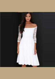 F2490 Sexy White Pure Color Design Off the shoulder Casual Lace Long Dress