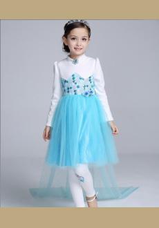 Velvet thickening blue girls long sleeved dress children veil princess dress