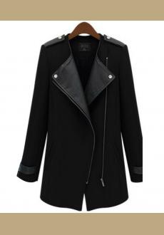 Black Zipper Fastening Long Sleeves Lapel Trench Coat Outerwear