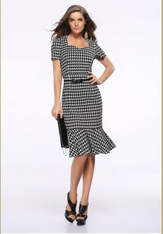Stylish Houndstooth Printed Short Sleeves Fitted Fishtail Bottom Dress