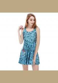 Hot Product Women Blue Color Sleeveless Dresses Digital Print Bones Skater Dress